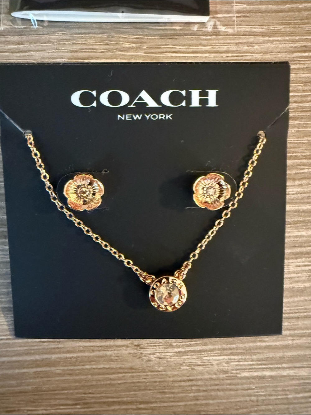 COACH Rose Gold Necklace and Stud Earring Set with Pink Crystals - Picture 2 of 3